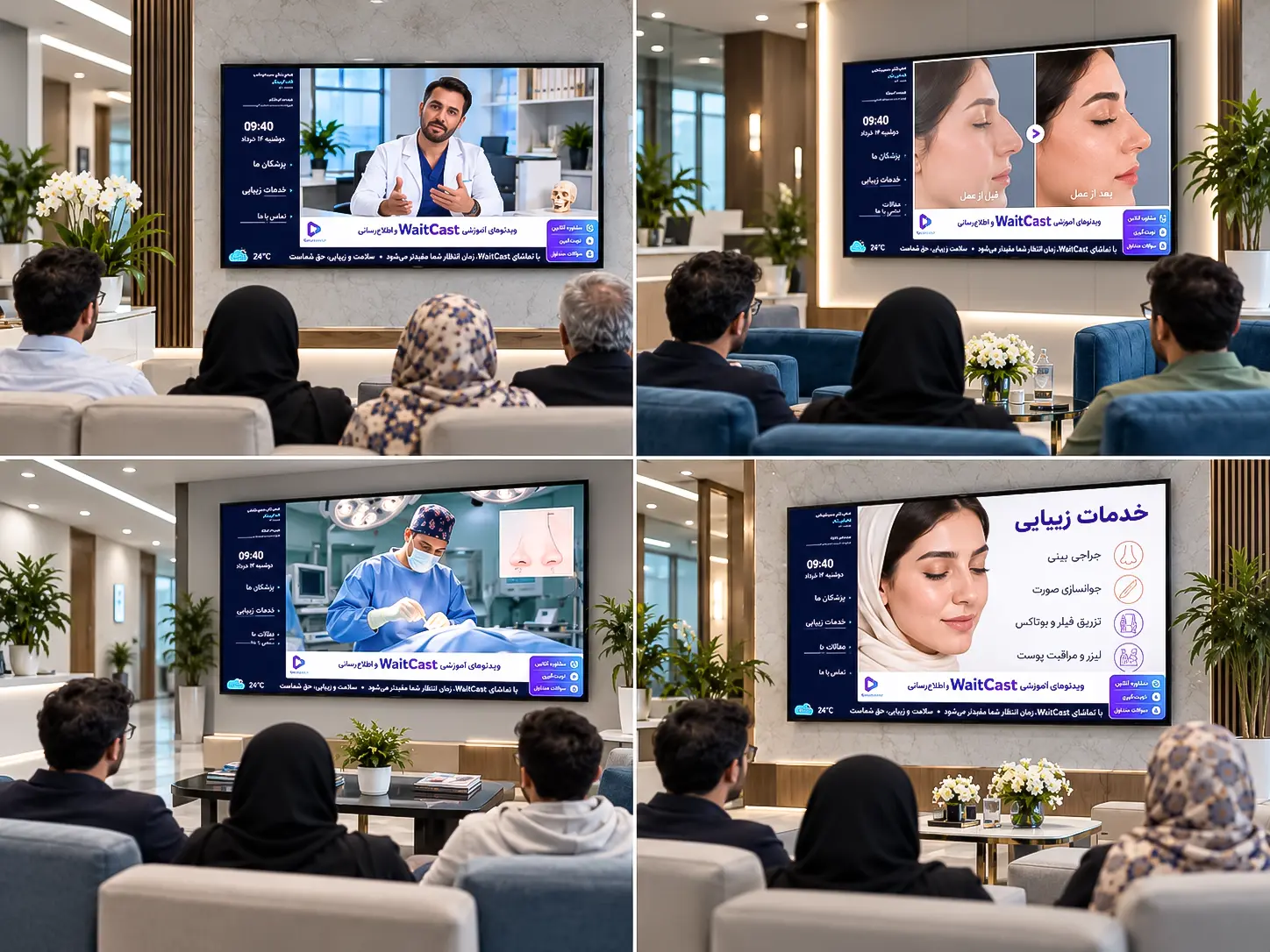 چهار نمونه نمایش معرفی پزشک، نمونه‌کار قبل و بعد، روند درمان و خدمات مرکز روی نمایشگر ویت‌کست